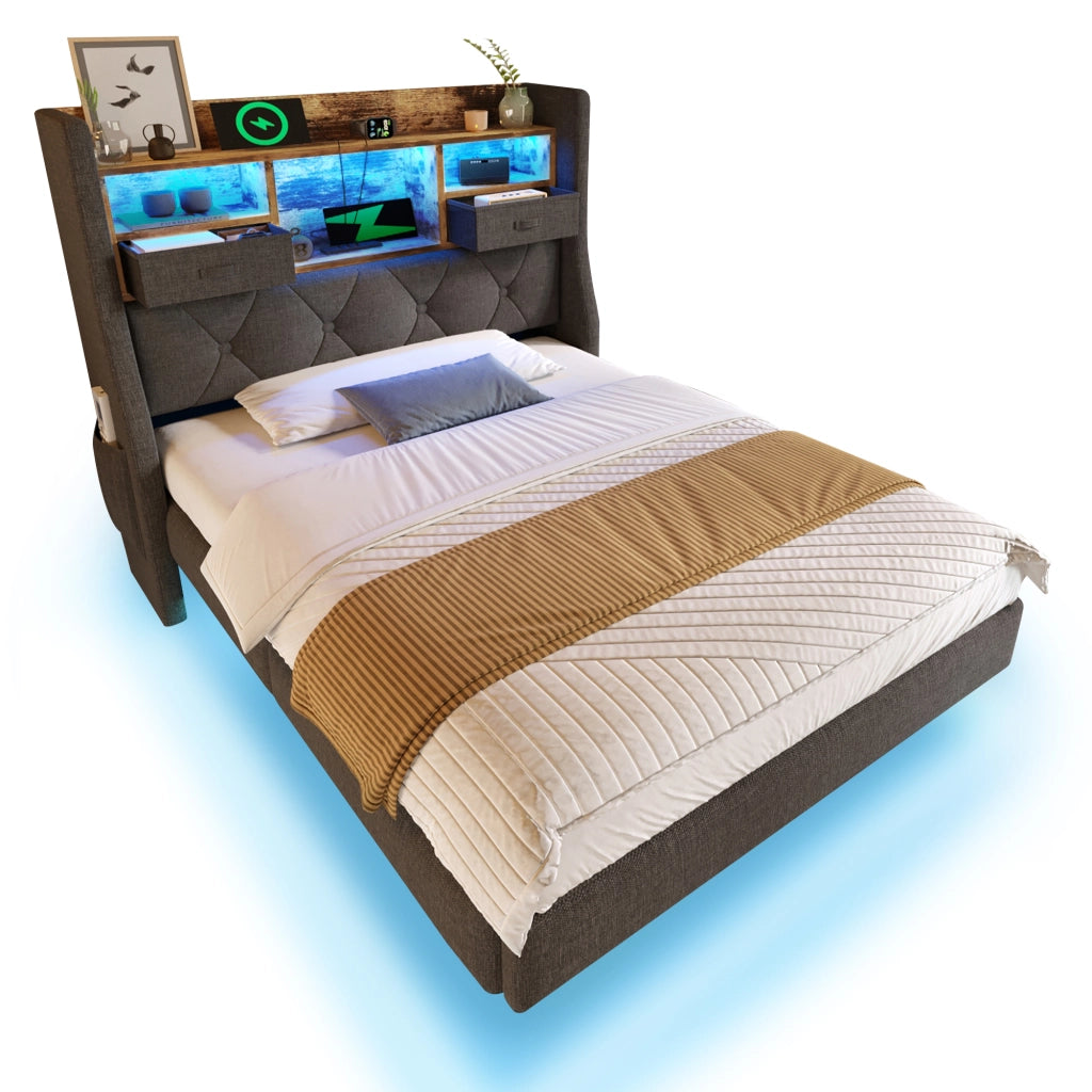 Letto imbottito 90x200 cm con LED, testiera contenitore, prese USB e Type-C, grigio, senza materasso