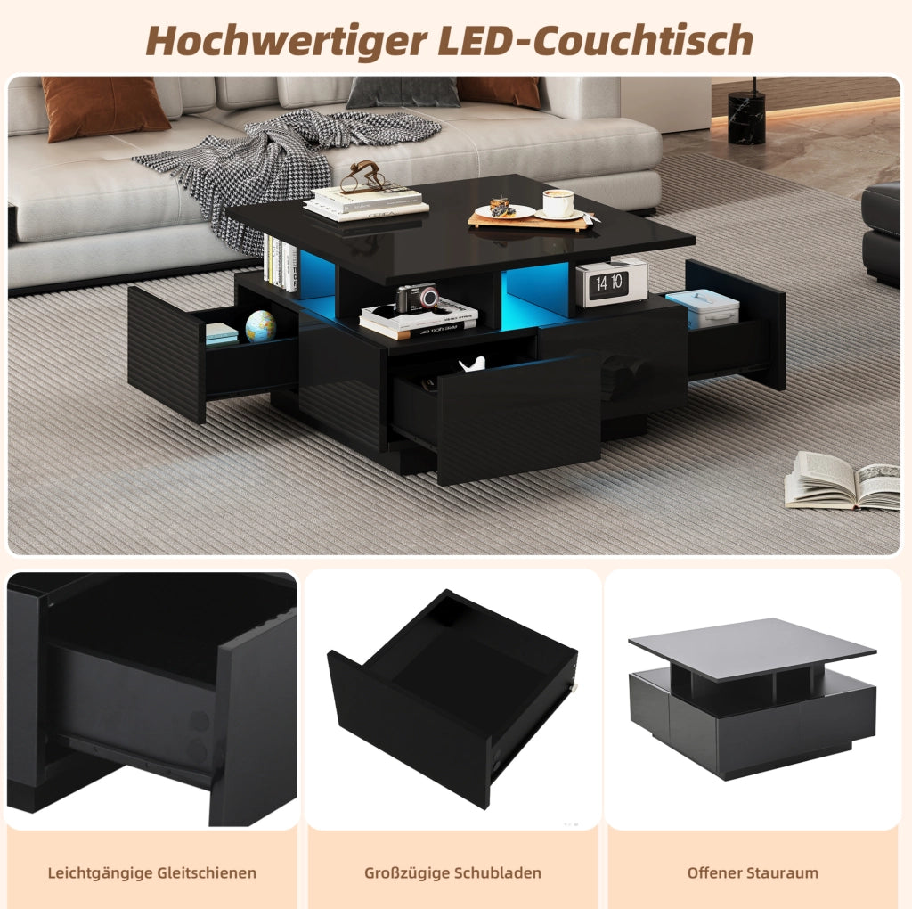 Tavolino da caffè quadrato 70x70x40 cm con 4 cassetti; LED; nero