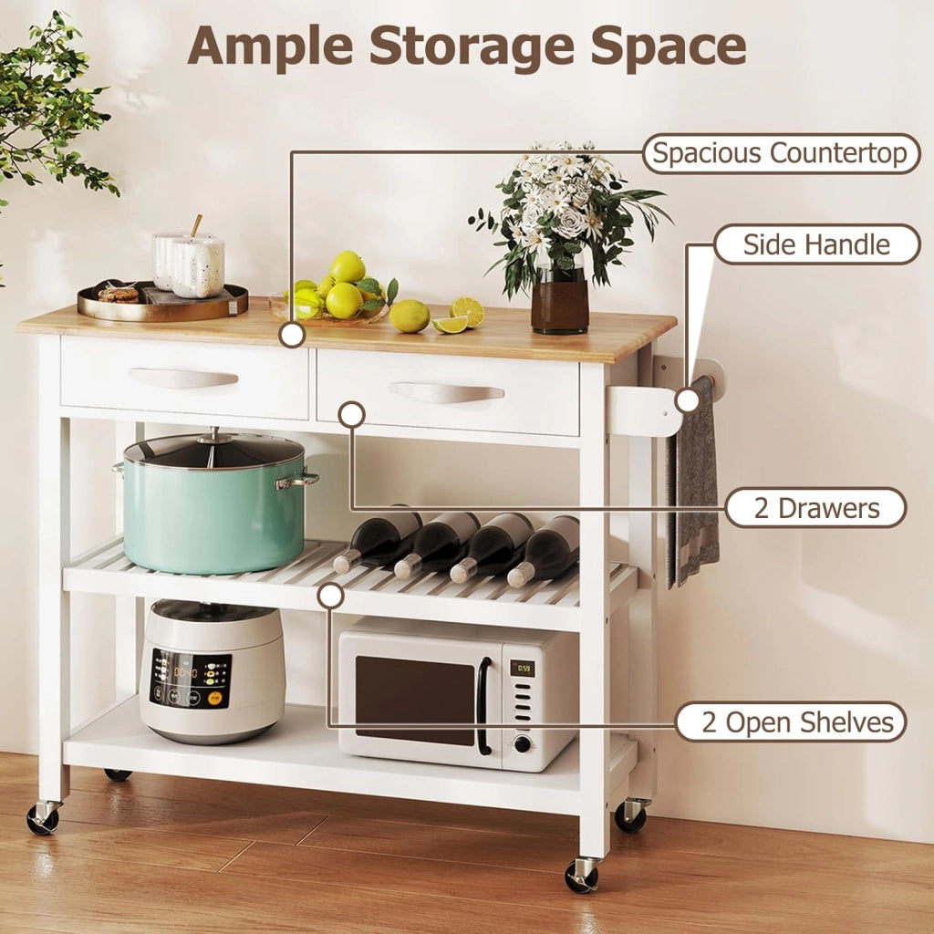 Carrello da cucina in legno con ruote, carrello ausiliario con 2 cassetti e 2 ripiani aperti, isola di cucina mobile con portasciugamani laterale, per sala da pranzo, bar, 116 x 44 x 89 cm