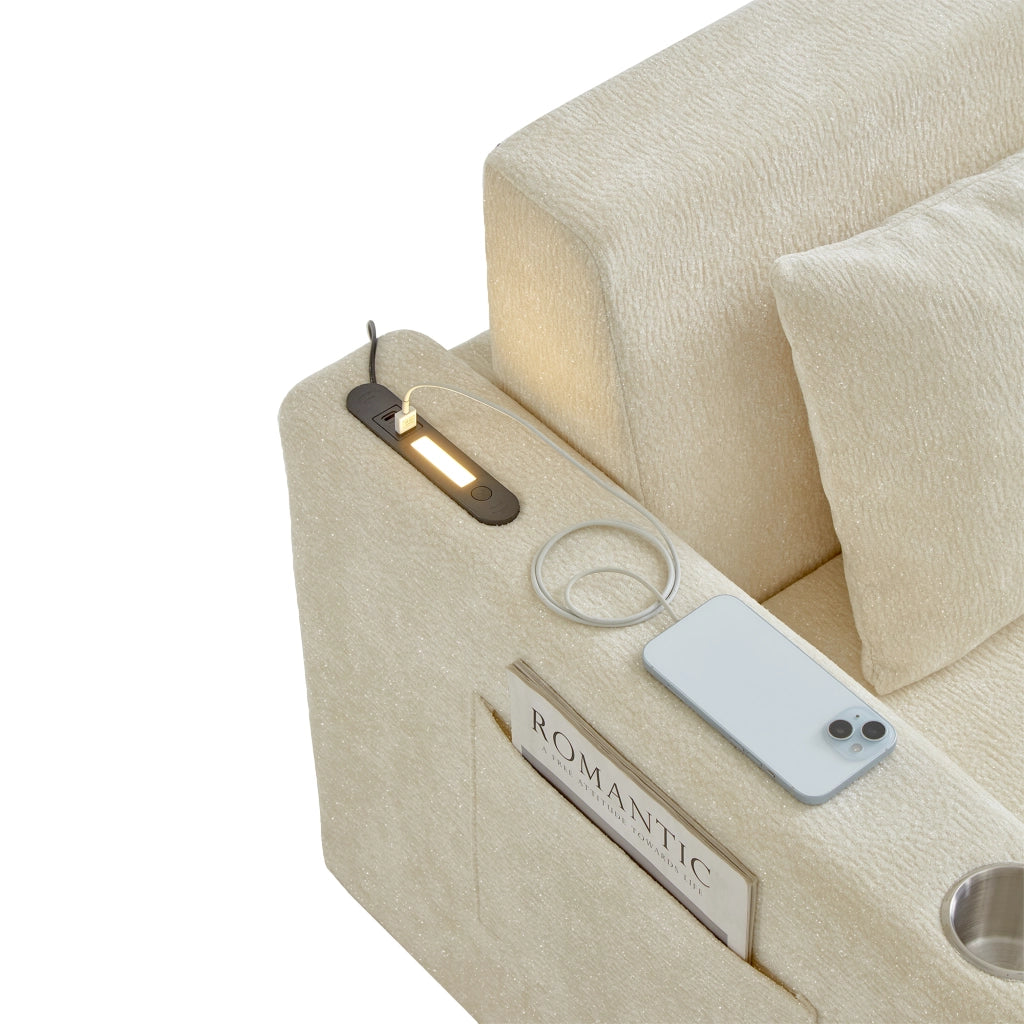 DIVANO LETTO 2-IN-1 CLAPABILE IN CHENILLE BEIGE CON USB E 2 CUSCINI