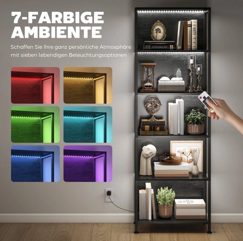 Libreria nera a 5 ripiani con LED a 7 colori, 60 x 30 x 179 cm