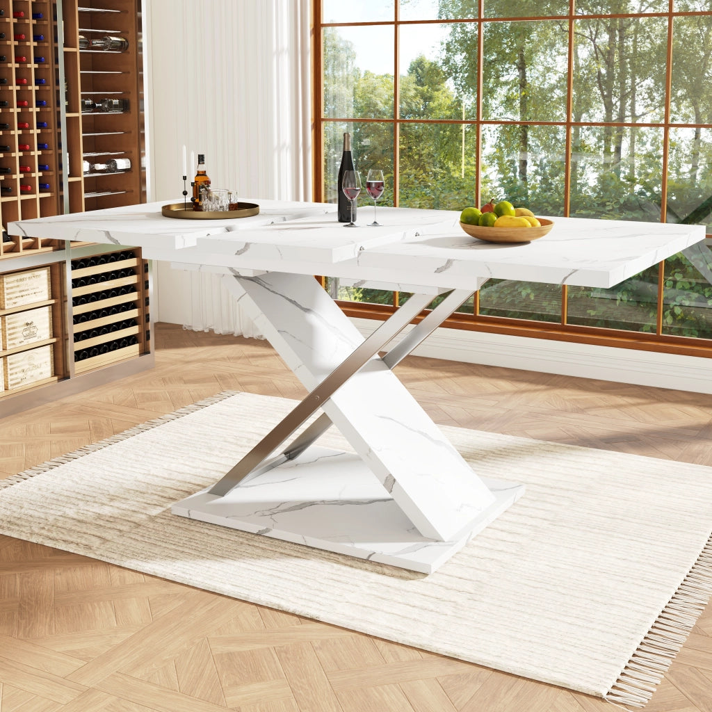Tavolo da pranzo allungabile in MDF con motivo marmo e gambe incrociate per cucina e soggiorno per 6-8 persone