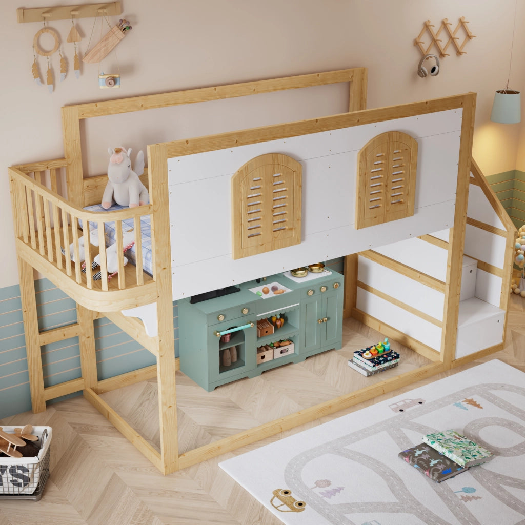 LETTO A CASTELLO 90x200 cm con scaletta contenitore, legno bianco/naturale