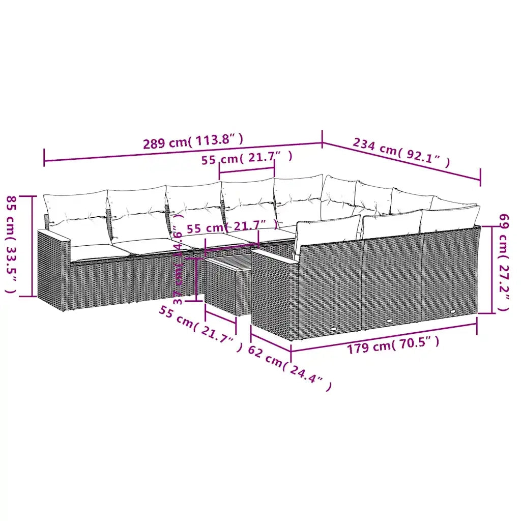 Set Divani da Giardino 11 pz con Cuscini Grigio in Polyrattan 3226348