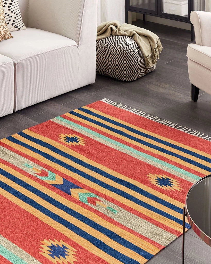 Tappeto Kilim multicolore in cotone 140 x 200 cm tessuto a mano a trama piatta reversibile con motivi geometrici e frange, tradizionale Boho, per il soggiorno e la camera da letto.