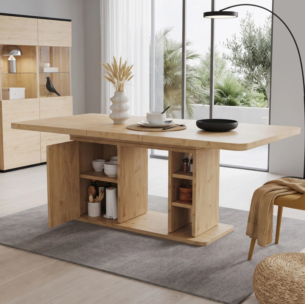 Tavolo da pranzo allungabile 180x80x75 cm con vano contenitore in MDF color rovere
