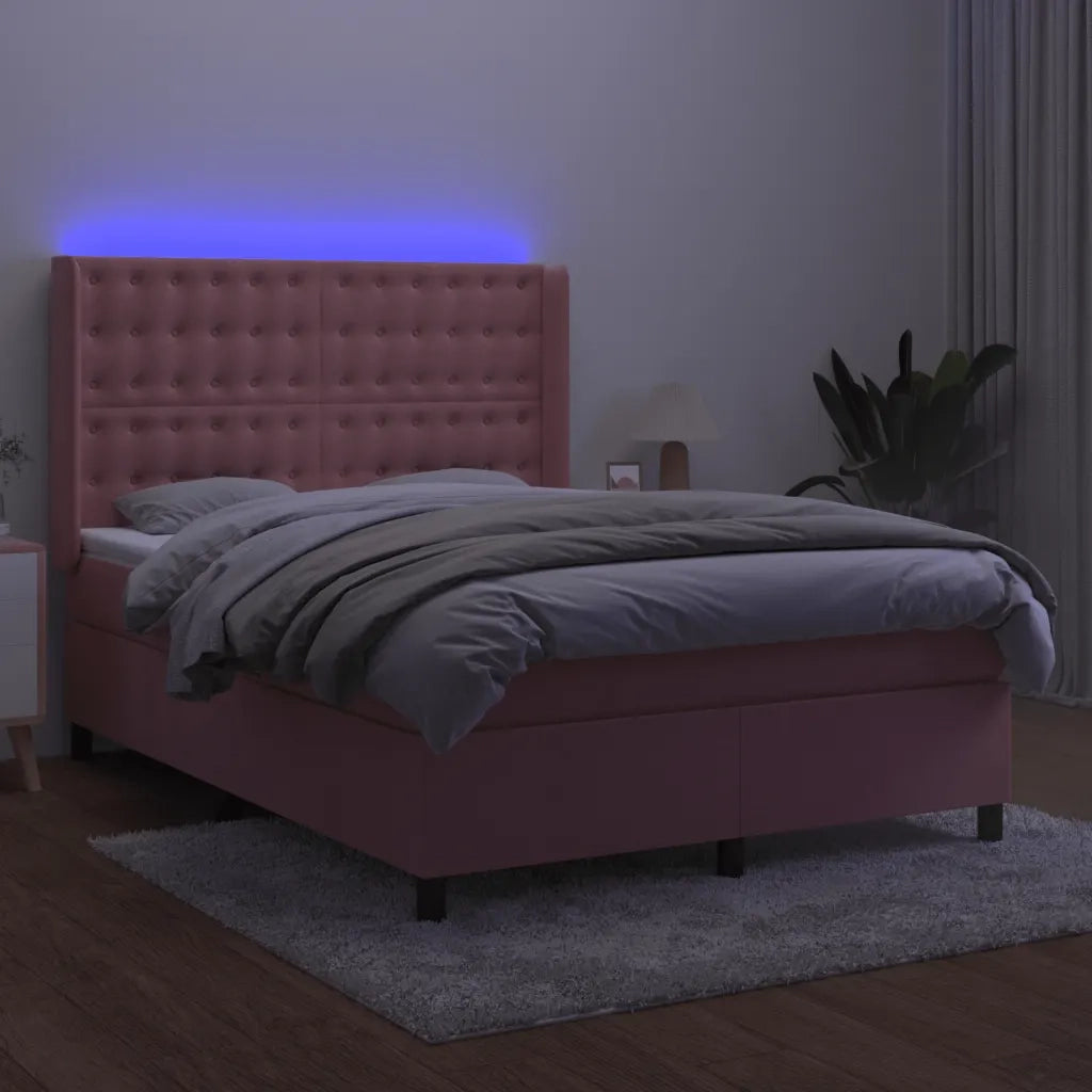 Letto a Molle con Materasso e LED Rosa 140x200 cm in Velluto 3139810