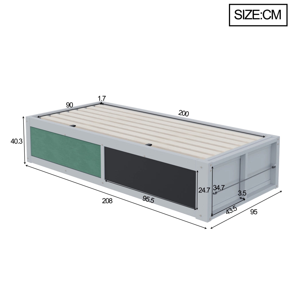 Letto per bambini 90x200 cm grigio con vano idraulico, lavagna e libreria