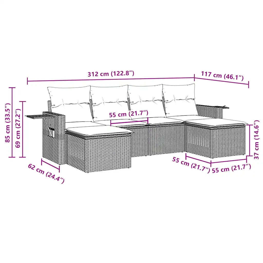 Set Divano da Giardino 6 pz con Cuscini Nero in Polyrattan 3252853