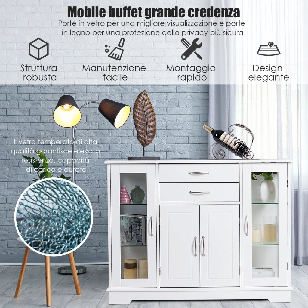Armadietto di legno con ante in vetro temperato e cassetti-Buffet-Credenza per cucina e salone 107x30x82cm Bianco