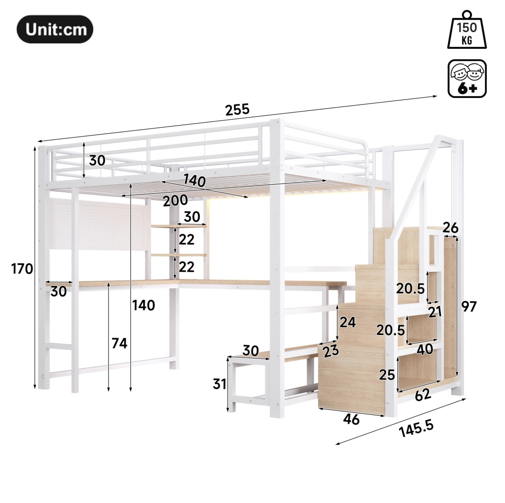 Letto a soppalco 140x200 cm con scrivania, LED e USB-C