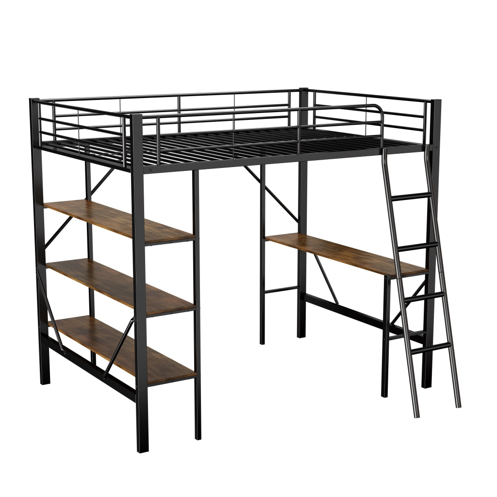Letto a Soppalco 90×200 cm; Letto Singolo con Scrivania e 3 Scaffali; senza Materasso; in Metallo e MDF; Nero