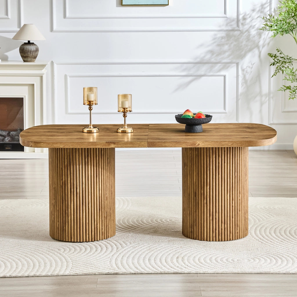 Tavolo da pranzo ovale in MDF con base cilindrica scanalata, stile mid-century, per cucina e sala da pranzo, 180 × 90 × 76 cm