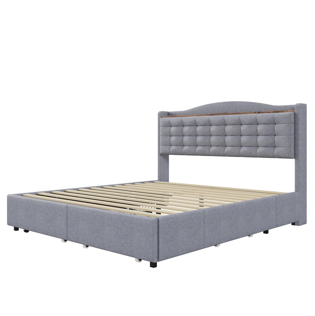 Letto matrimoniale imbottito 160x200 cm grigio con porta USB; 4 cassetti e mensola