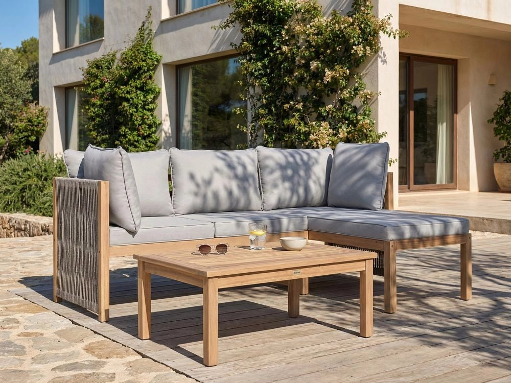 Set divano angolare da giardino grigio in legno di acacia con rivestimento in tessuto,cuscini sfoderabili resistenti ai raggi UV e all'acqua