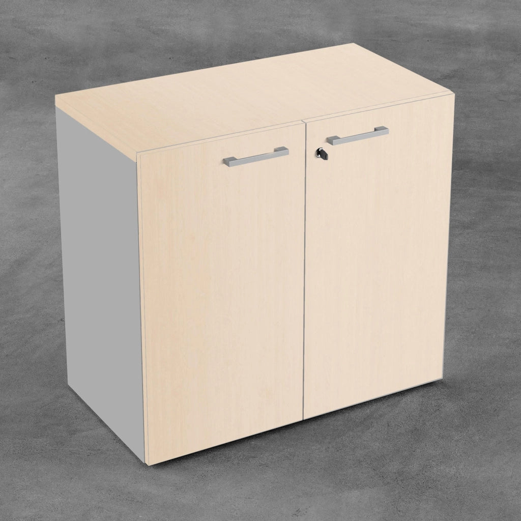 Contenitore basso da ufficio con ante battenti in melaminico in vari colori e struttura grigia cm. 90x43x87h