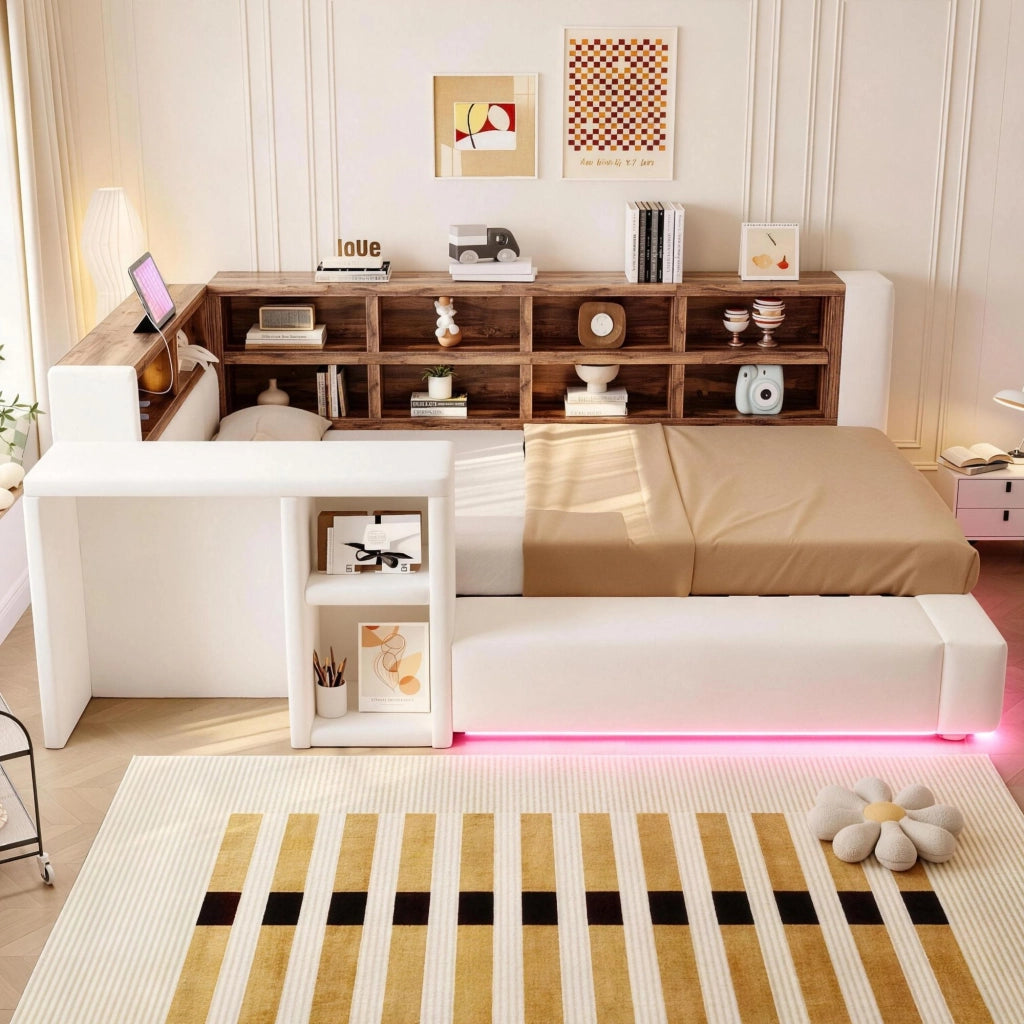 Letto imbottito, 90 x 200 cm, con tavolino, ripiano portaoggetti, illuminazione a LED, presa di ricarica, beige