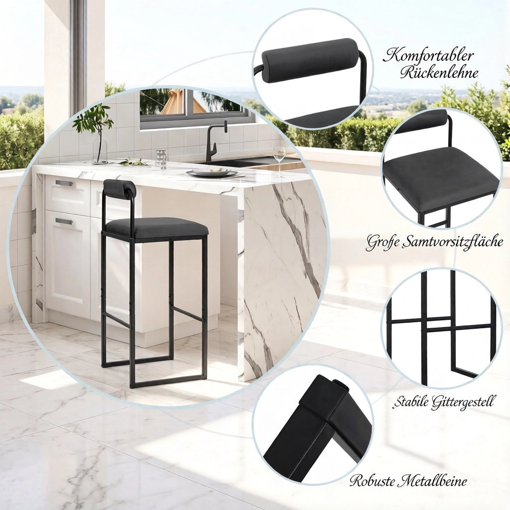 Sgabello da bar in velluto e acciaio con schienale, supporto lombare e poggiapiedi grigio scuro 38,5 × 39 × 95,5 cm