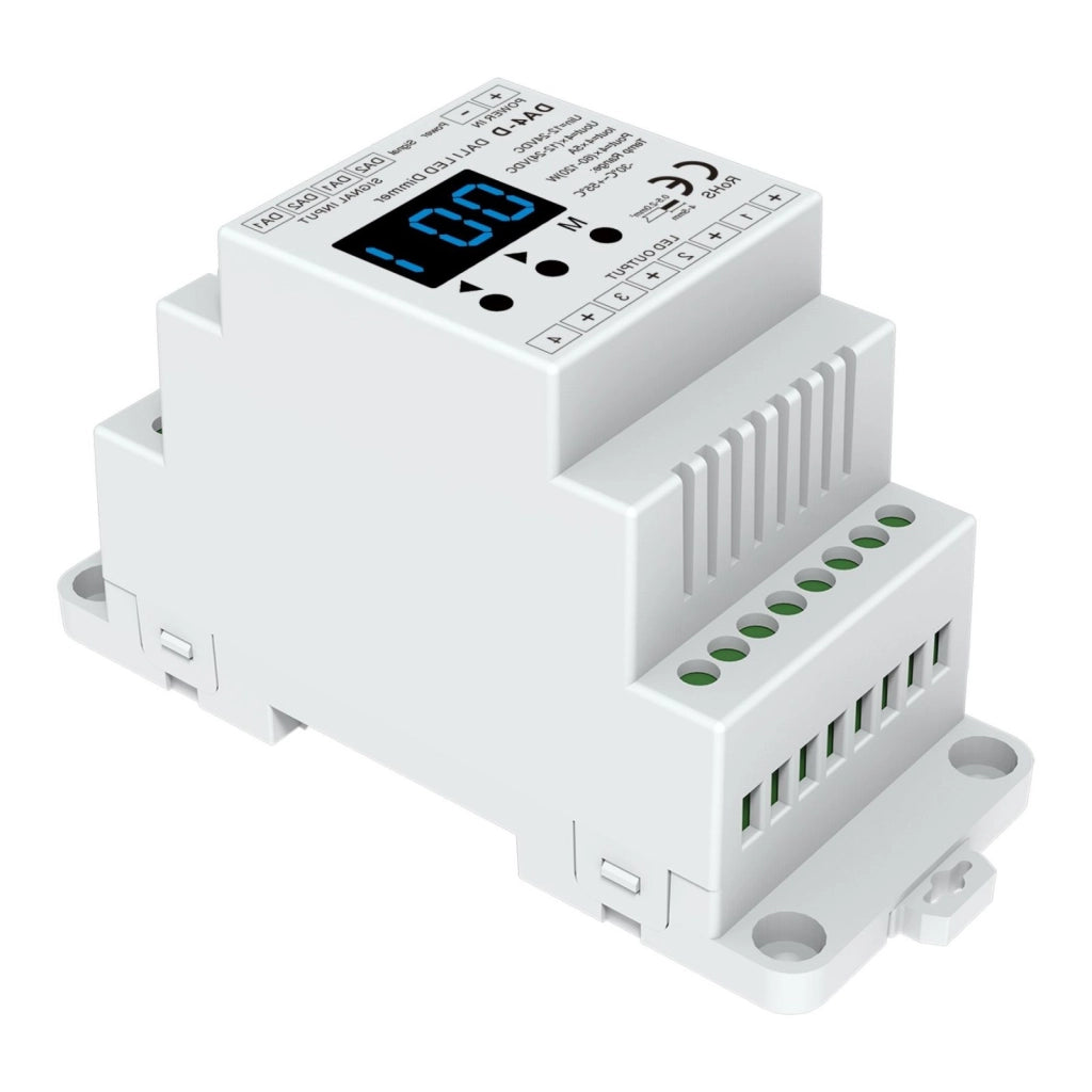 Dimmer DALI 4 Canali Guida DIN, Con Display Digitale, 4X5A@12V/24V, 4X3A@36V/48V, Dimmerabile AC Push Dim, DALI-2, PWM, 4 Indirizzi, DT6 DT8 per Strisce LED Monocolore CCT RGB RGBW