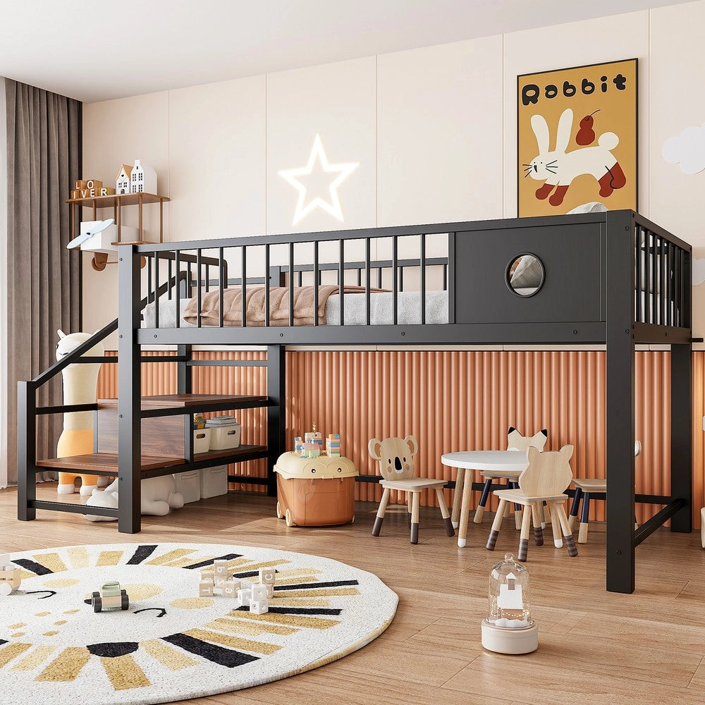 Letto a Soppalco Basso per Bambini con Scala Contenitore ¨C Xylo ¨C Metallo Nero 90x200