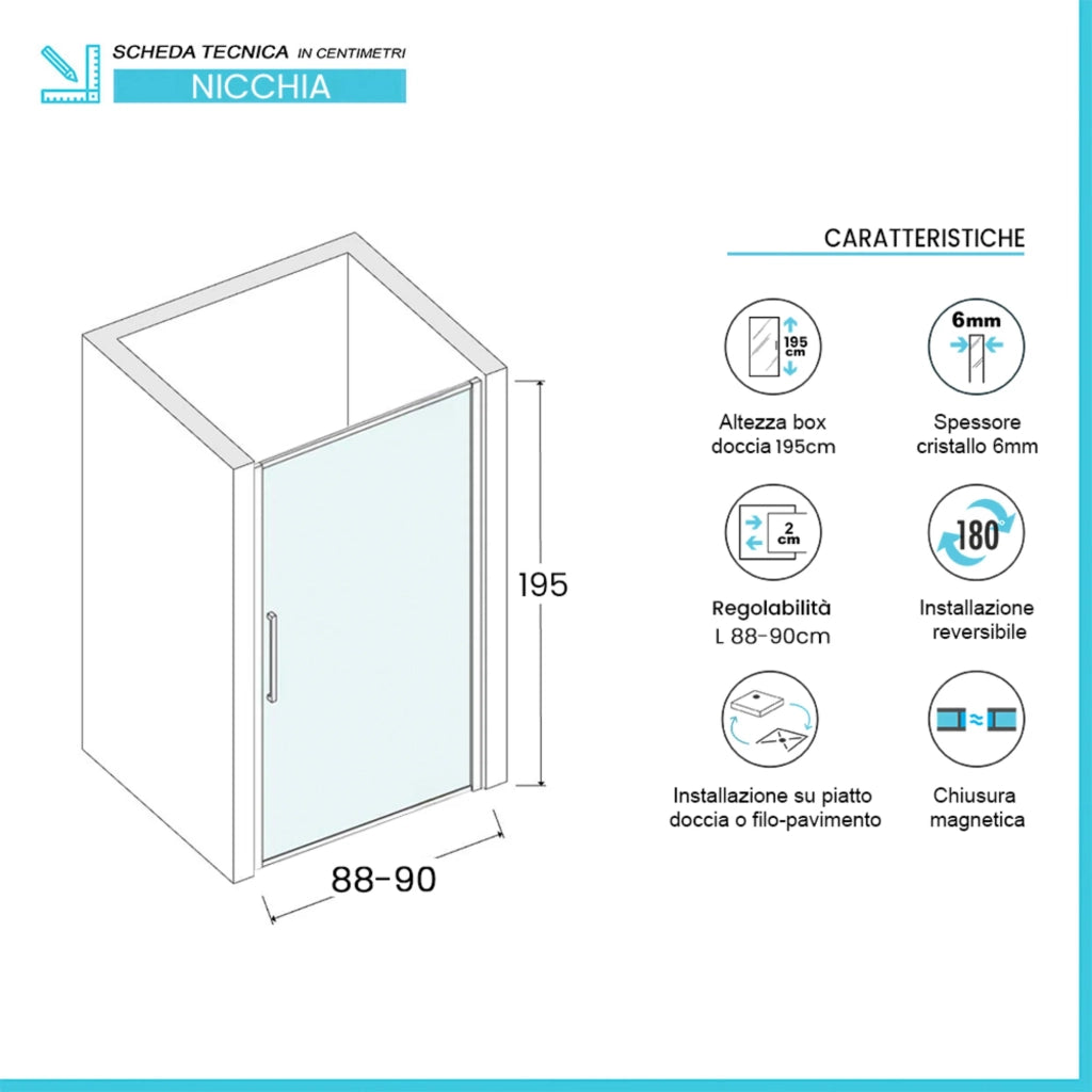 Porta doccia nicchia 90cm battente con profilo nero opaco Neos