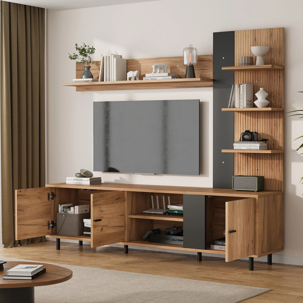 Mobile porta TV con 3 ante e ripiani aperti, per soggiorno, in truciolare, legno e nero, 187,5 × 40 × 167 cm