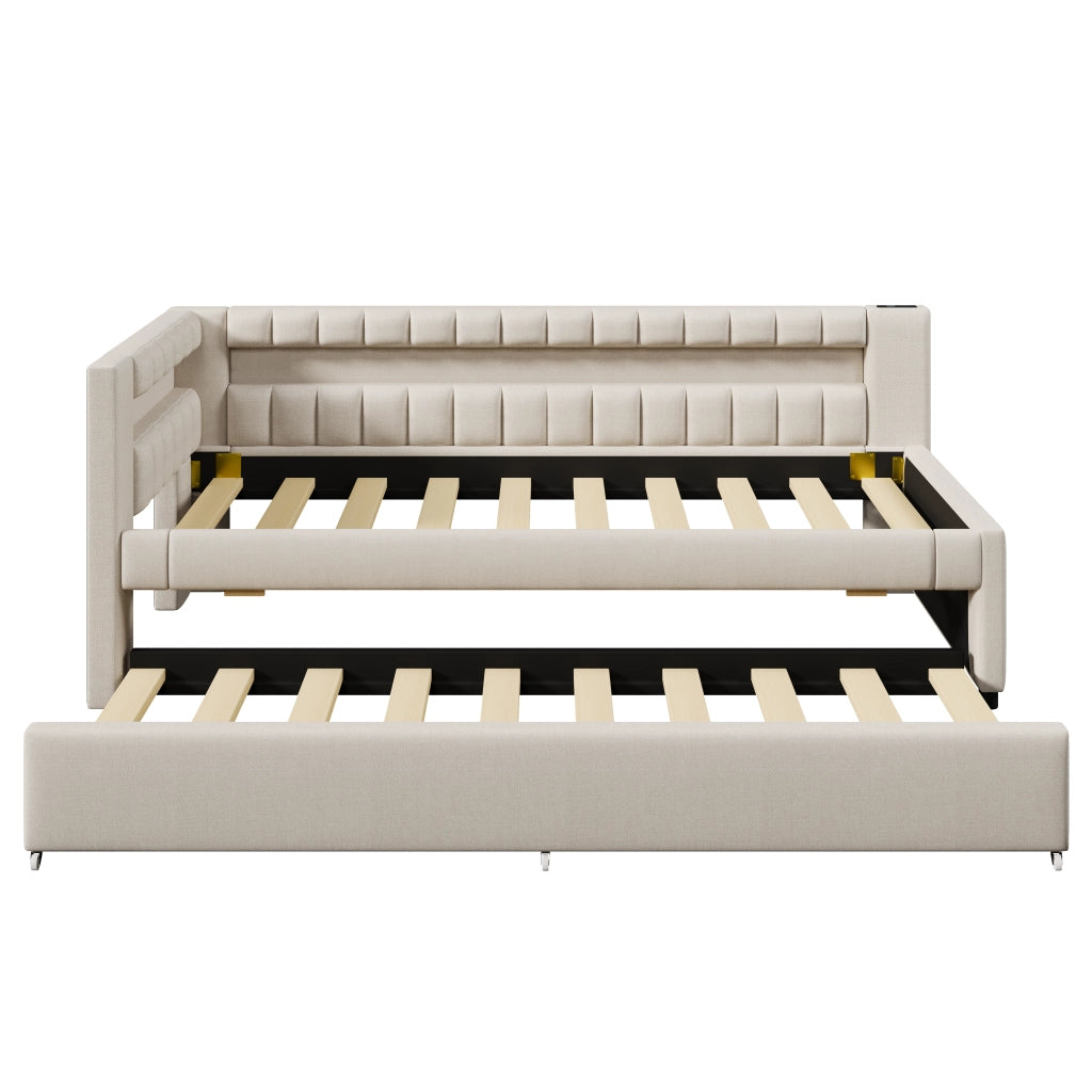 Daybed 90x200 cm in lino e MDF, con letto estraibile, LED, USB e Type-C, beige/grigio