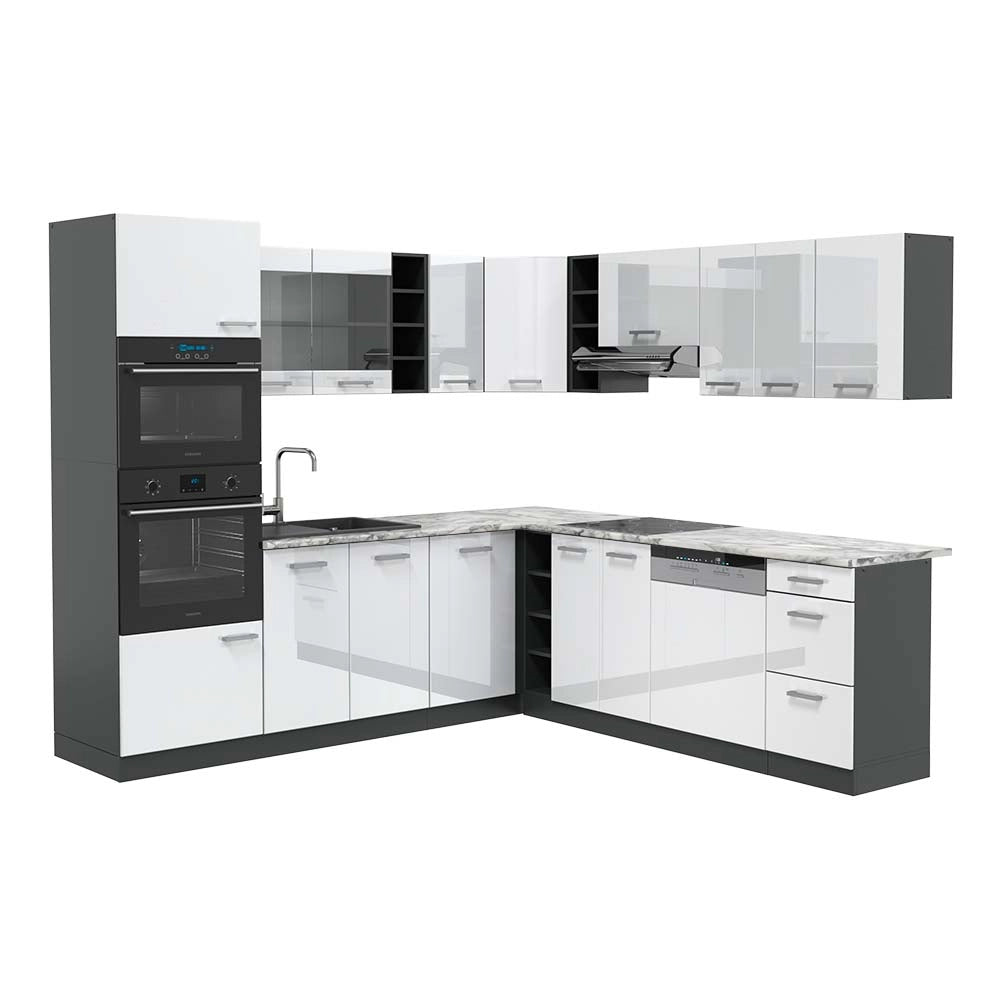 Vicco Cucina angolare completa Bianco lucido/antracite 237 x 247 cm , PL Marmo