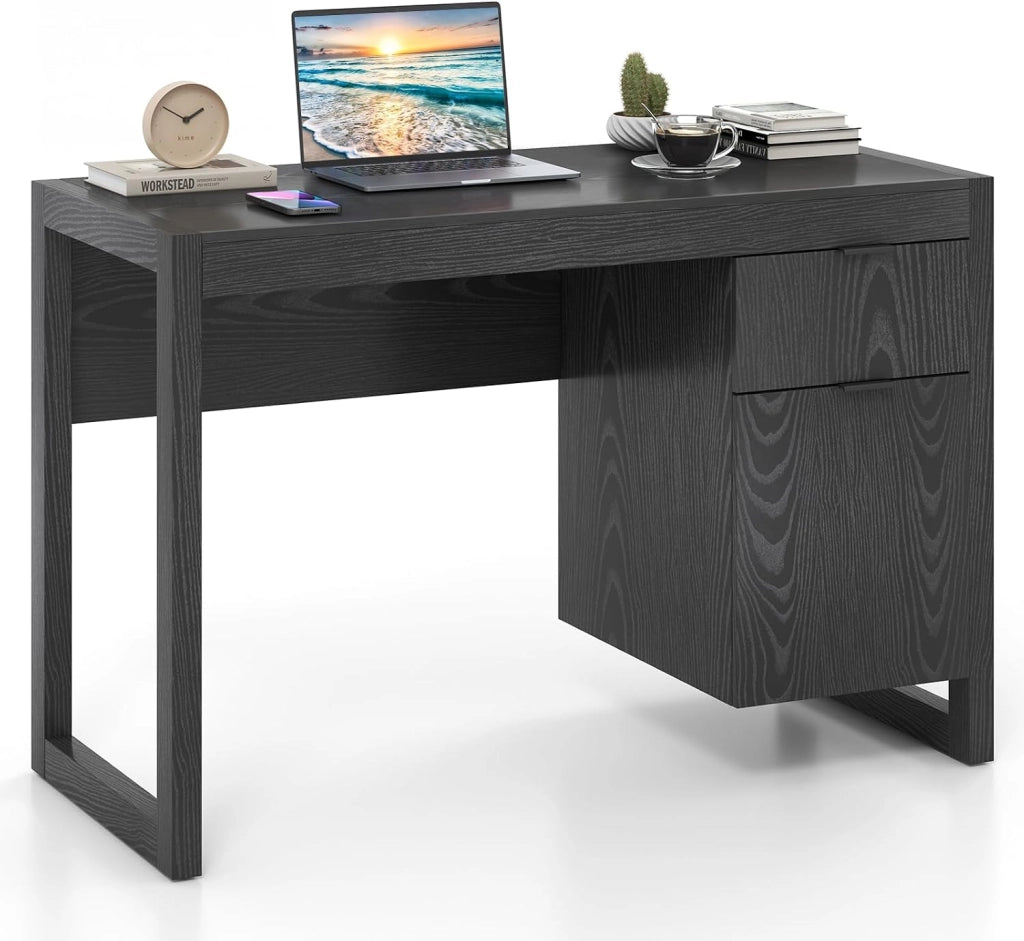 Scrivania Moderna per Computer, Postazione di Lavoro con Armadietto e Cassetto, Design Semplice ed Elegante, Scrivania con Superficie Liscia, Ideale per Casa e Ufficio (Nero)
