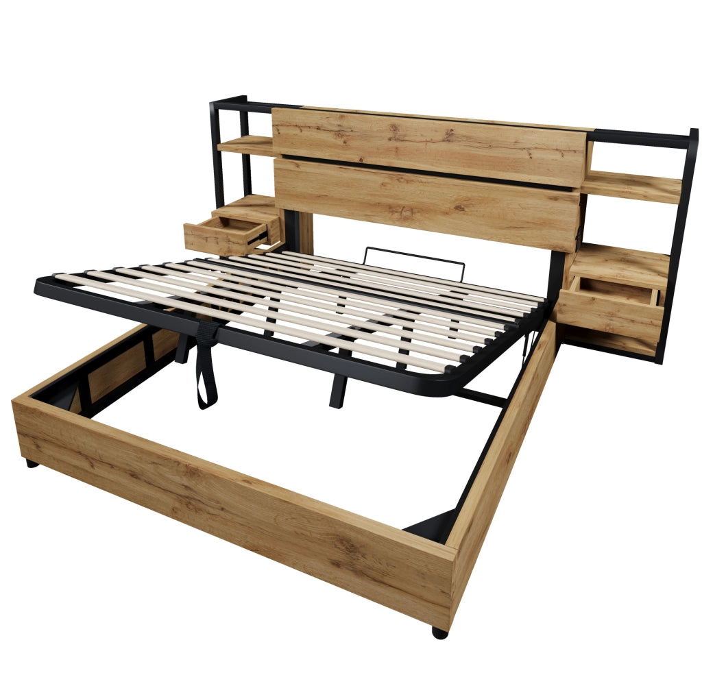 Letto matrimoniale contenitore in stile industriale con ricarica USB e Type-C