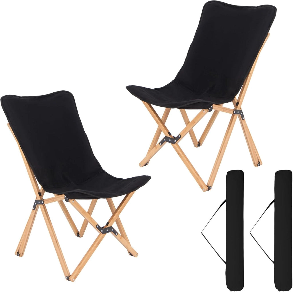 Set di 2 sedie da sdraio, sedia da giardino con tasca laterale, sedia pieghevole in bambù, sedia da campeggio con borsa, sedia da spiaggia fino a 150 kg, per campeggio, pesca (Nero)