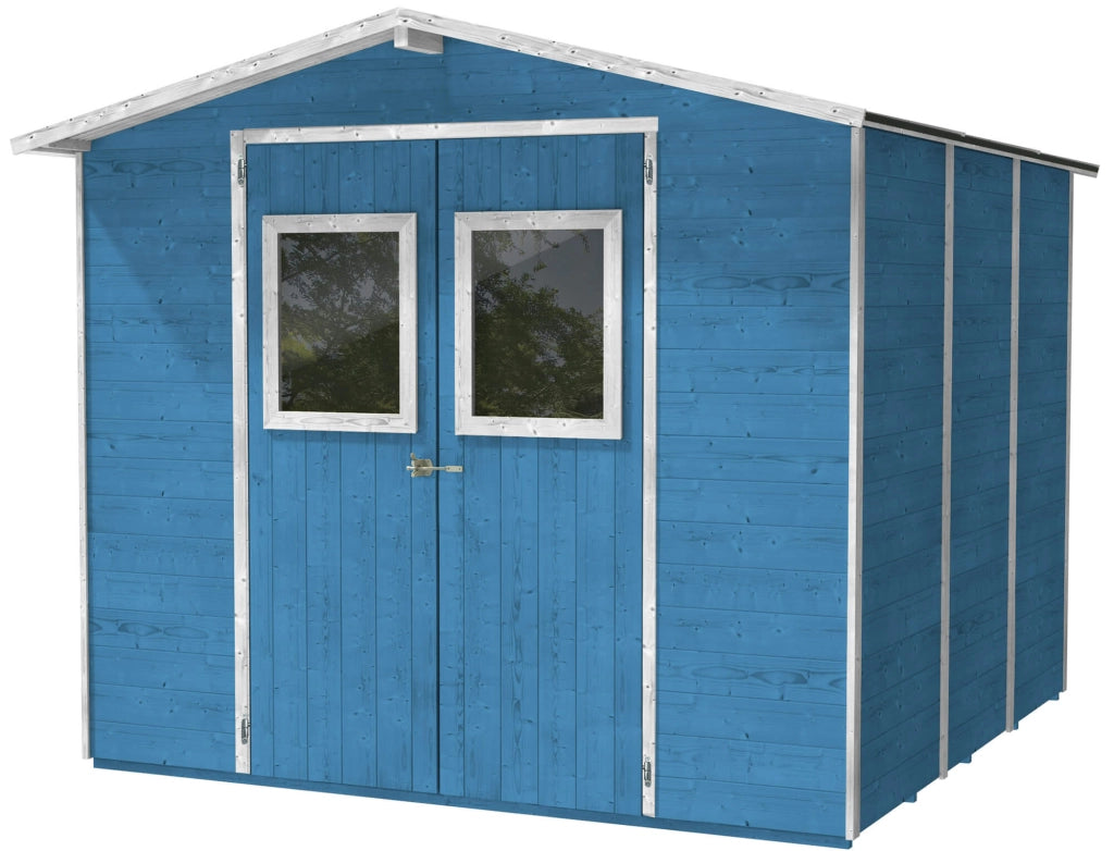 Casette Box da Giardino in Legno Porta Utensili 238x207x214 cm con 2 Porte e Finestre Ecla Azzurra