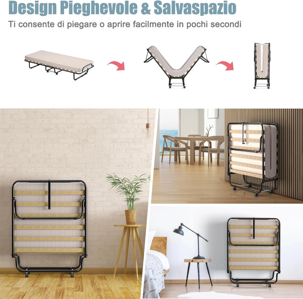 Brandina Pieghevole con Ruote Girevoli, con Materasso in Memory Foam, Lettino Pieghevole a Doghe 190x80 cm, Salvaspazio, Carico Massimo 130 kg