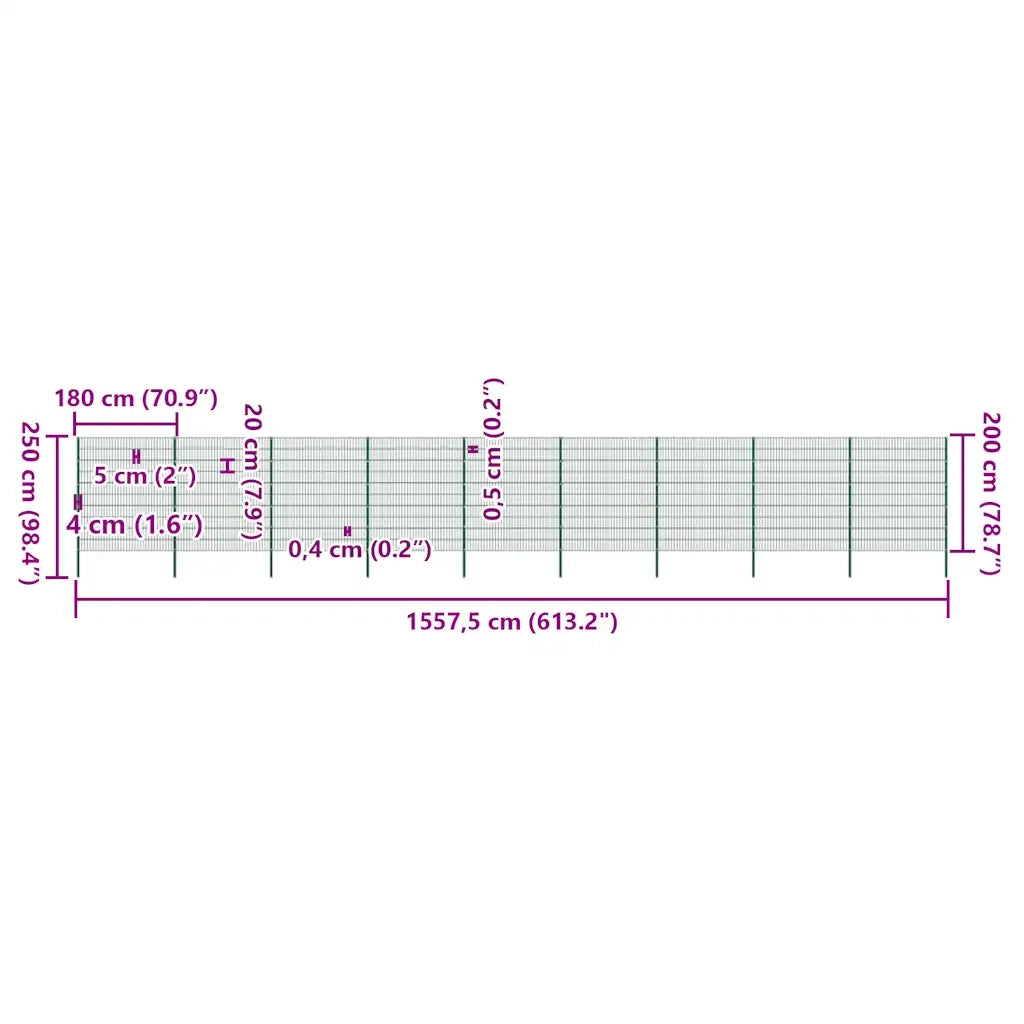 Pannello di recinzione con pali in ferro 1557,5x200 cm verde 278687