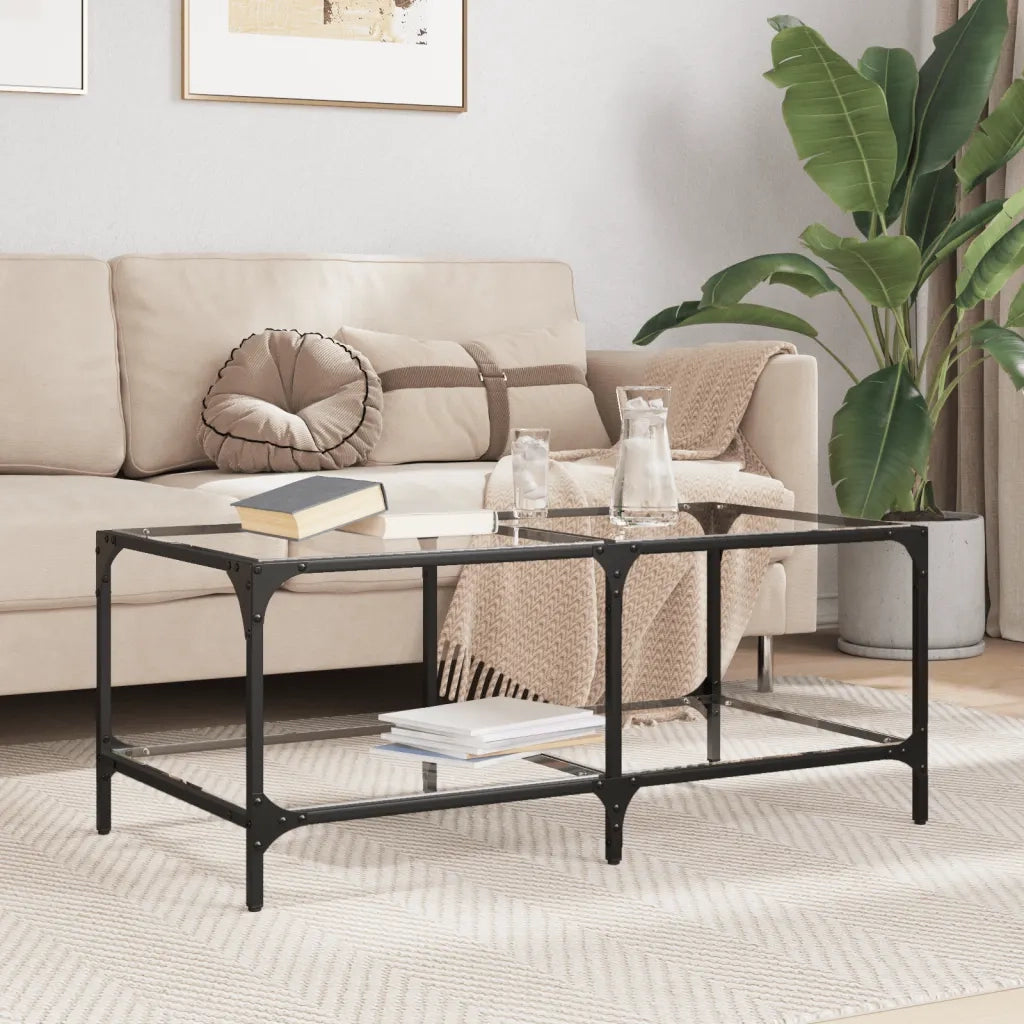 2 pz Tavolini da salotto | Tavolino da caff¨¨ | Tavolino da Soggiorno con Piano Vetro Trasparente 98,5x50x40 cm Acciaio
