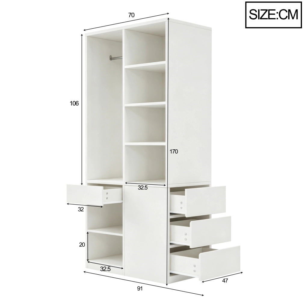 Armadio con ripiani, cassetti e asta appendiabiti 70 x 50 x 170 cm, colore bianco