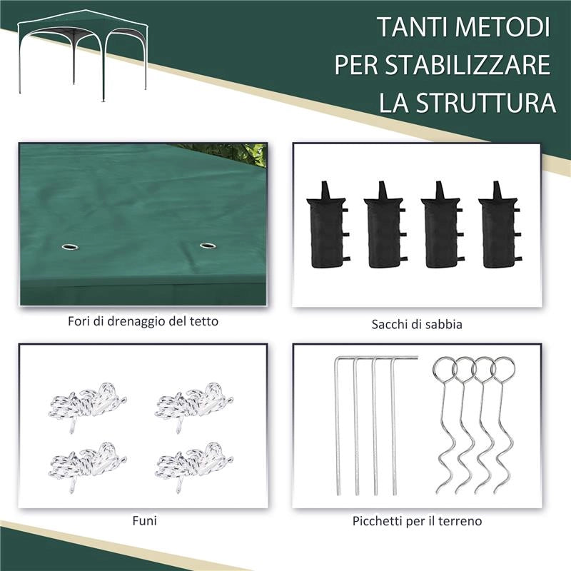 GAZEBO DA GIARDINO AD ALTEZZA REGOLABILE CON FORI DI DRENAGGIO E BORSA DA TRASPORTO, IN METALLO, VERDE