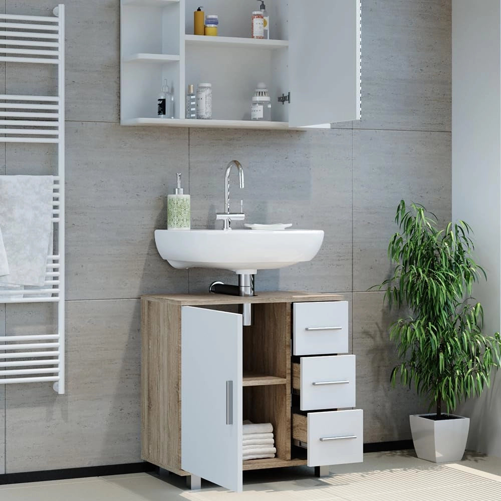 Set mobili bagno Ilias, Sonoma, 60 cm, composto da specchio da bagno e mobile sottolavabo