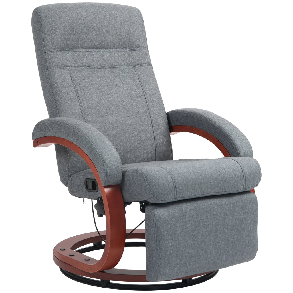 Sedia relax girevole con schienale reclinabile 135°, poggiapiedi separato, struttura in legno di eucalipto, tessuto effetto lino grigio