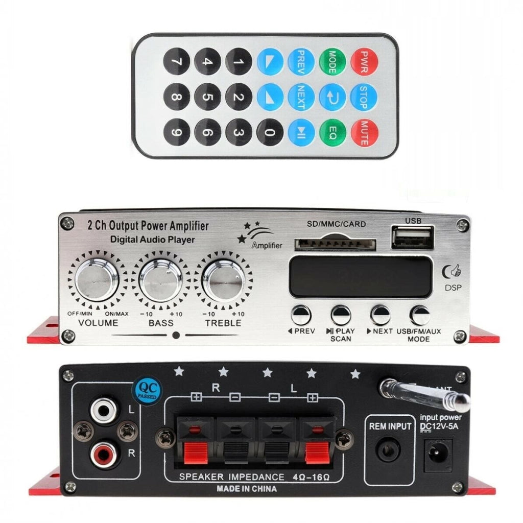 Amplificatore audio bluetooth 12V casa auto 2 canali 40W RMS telecomando BT-120