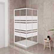 185 cm Box Doccia Angolare 100x100 cm Porte Scorrevoli Vetro Temperato 5 mm Anticalcare Fascie in Serigrafato Telaio Bianco Opaco