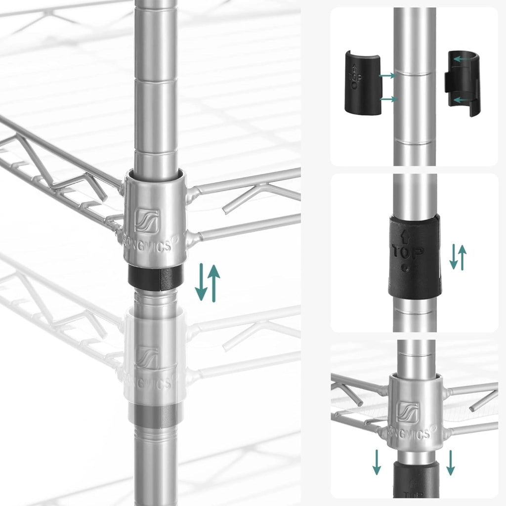 SONGMICS Scaffale Portaoggetti di Metallo a 6 Livelli Regolabili in Rete, con Pannelli PP, 8 Ganci a S, per Garage, Cucina, Soggiorno, Salvaspazio, Max Carico 120 kg, Argento LGR116E01