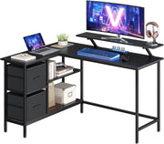 VASAGLE Scrivania per Computer a L, Scrivania ad Angolo con 2 Cassetti Spaziosi e Supporto per Monitor, Ripiano Regolabile, per Ufficio Studio, Nero Ebano LWD098B56