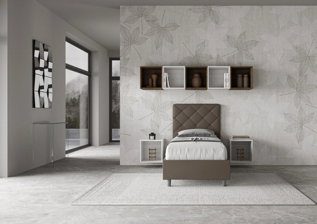 Letto Singolo 80x200 cm con Rete e Contenitore Priya Cappuccino