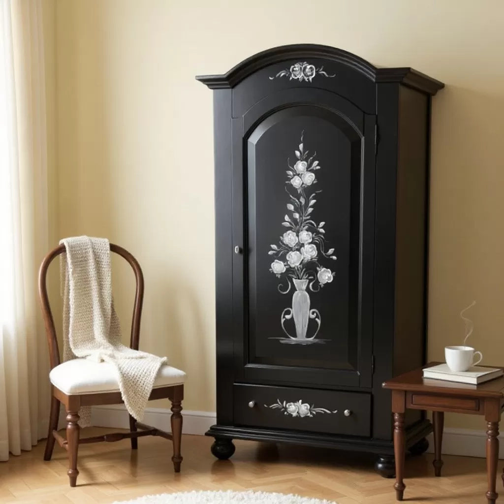 Armadio shabby chic 1 porta legno nero opaco decori floreali 96x56x196 - Mobili 2G