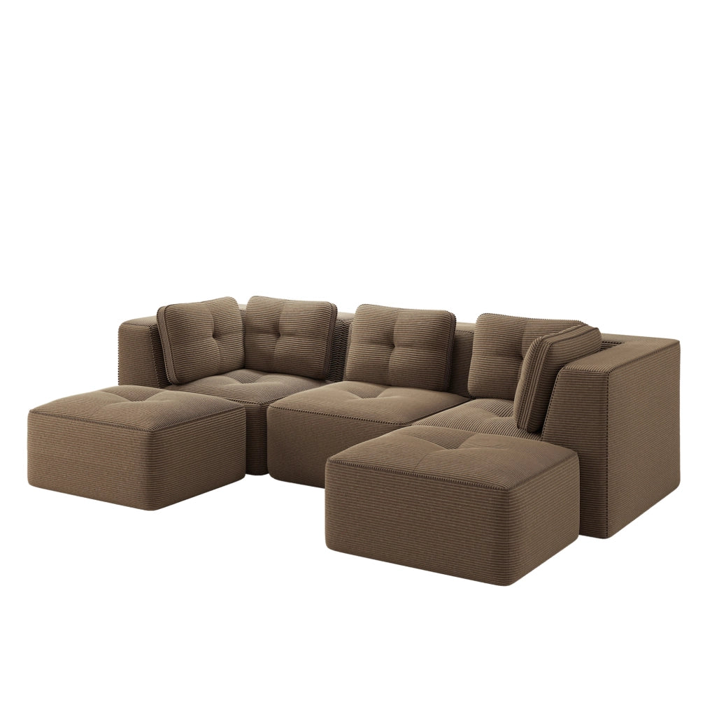 Divano angolare modulare 297x177x69 cm in velluto a coste marrone; seduta profonda