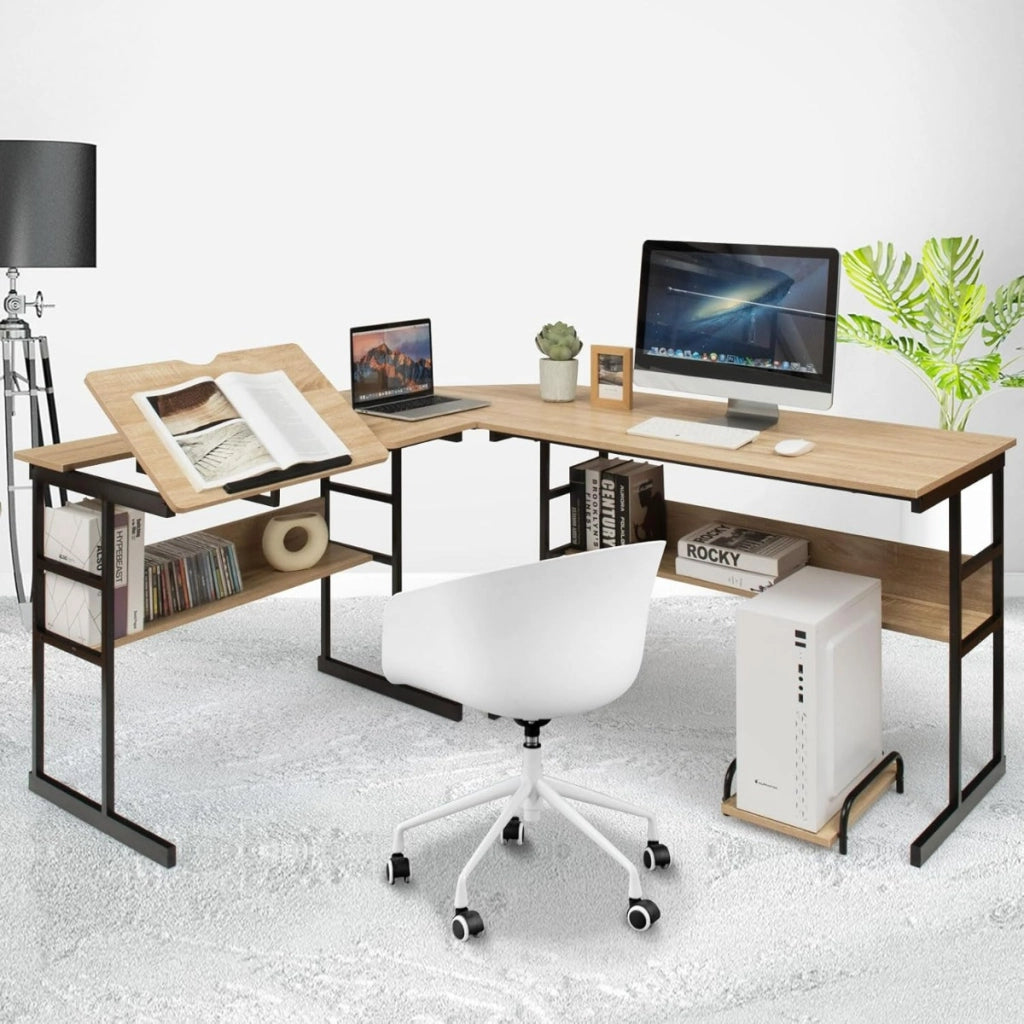 Scrittoio per computer ad angolo moderno a forma di L di 170 CM, Postazione di lavoro per ufficio domestico Naturale-Scrivanie