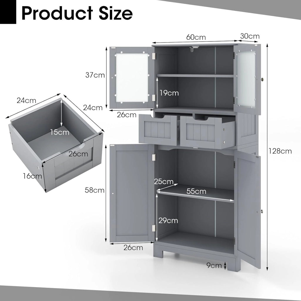 Mobile Bagno con 4 Ante + 2 Cassetti, Armadietto Multifunzione Salvaspazio 60x30x128cm, Design Modulare per Casa, Toilette e Cucina, 2 Colori Scelta & Facile Pulizia