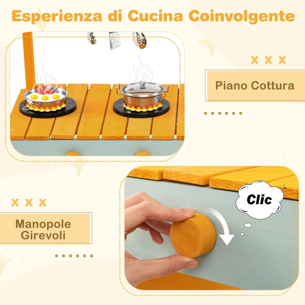 Cucina da Esterno in Legno per Bambini, Cucina da Gioco con Cassettiera per Piante, Lavandino Rimovibile, Rubinetto, Fornelli e Accessori, per Bambini 3-8 Anni (Verde Chiaro + Giallo)
