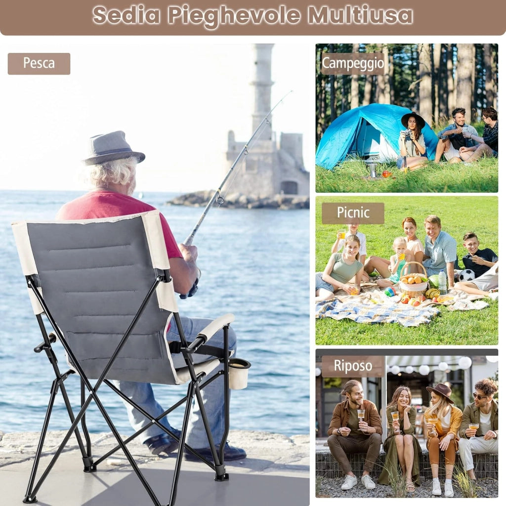 Sedia da Campeggio Pieghevole Portatile, Sedia da Campeggio Imbottita 150 KG con Portabicchieri Braccioli Cuscino Struttura in Metallo, Sedia Portatile da Esterno Pesca Giardino Campeggio